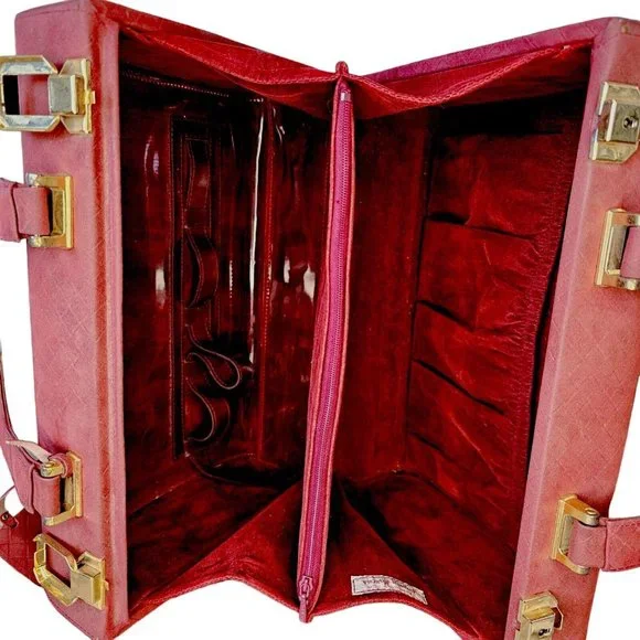 Vintage Oxblood Red Woven Suede Makeup Travel Case Lock Key Neiman Marcus 12x9x7 - Picture 2 of 16
